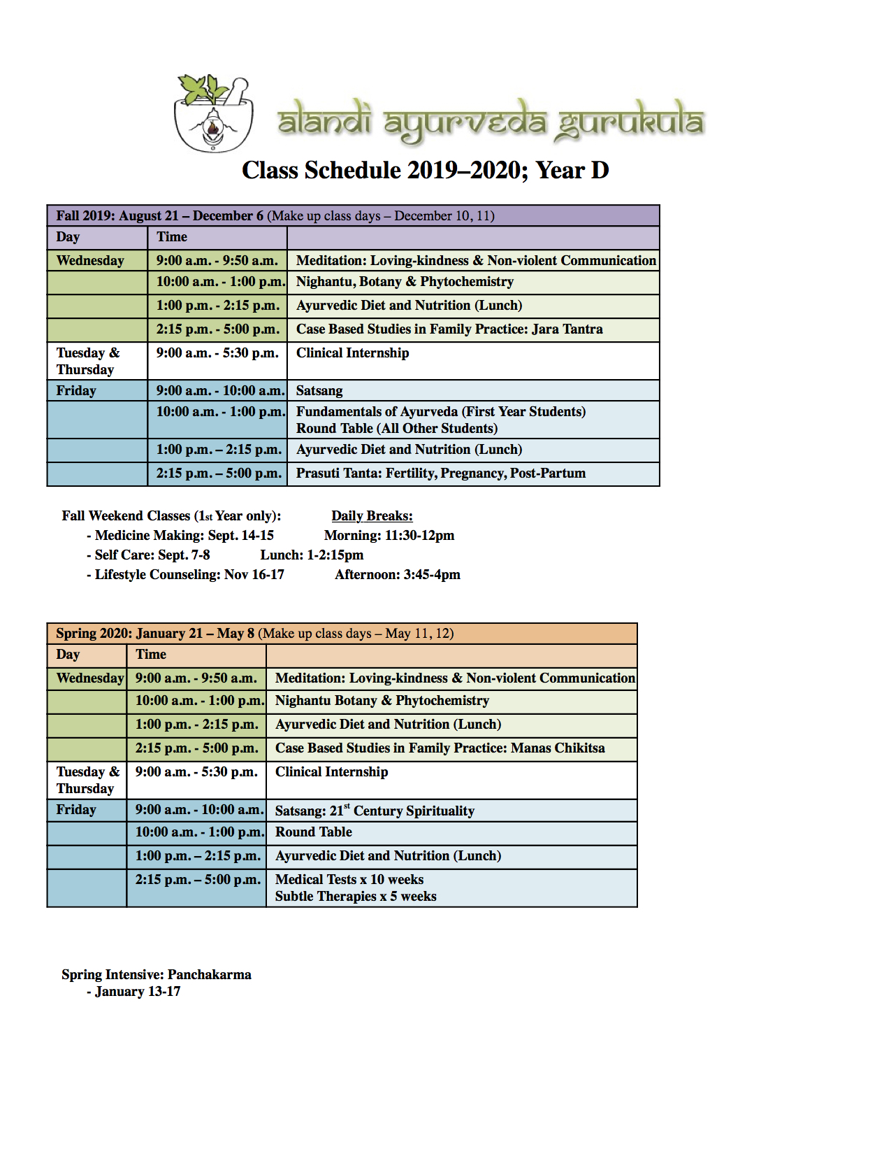 Class Schedules — Alandi Ashram